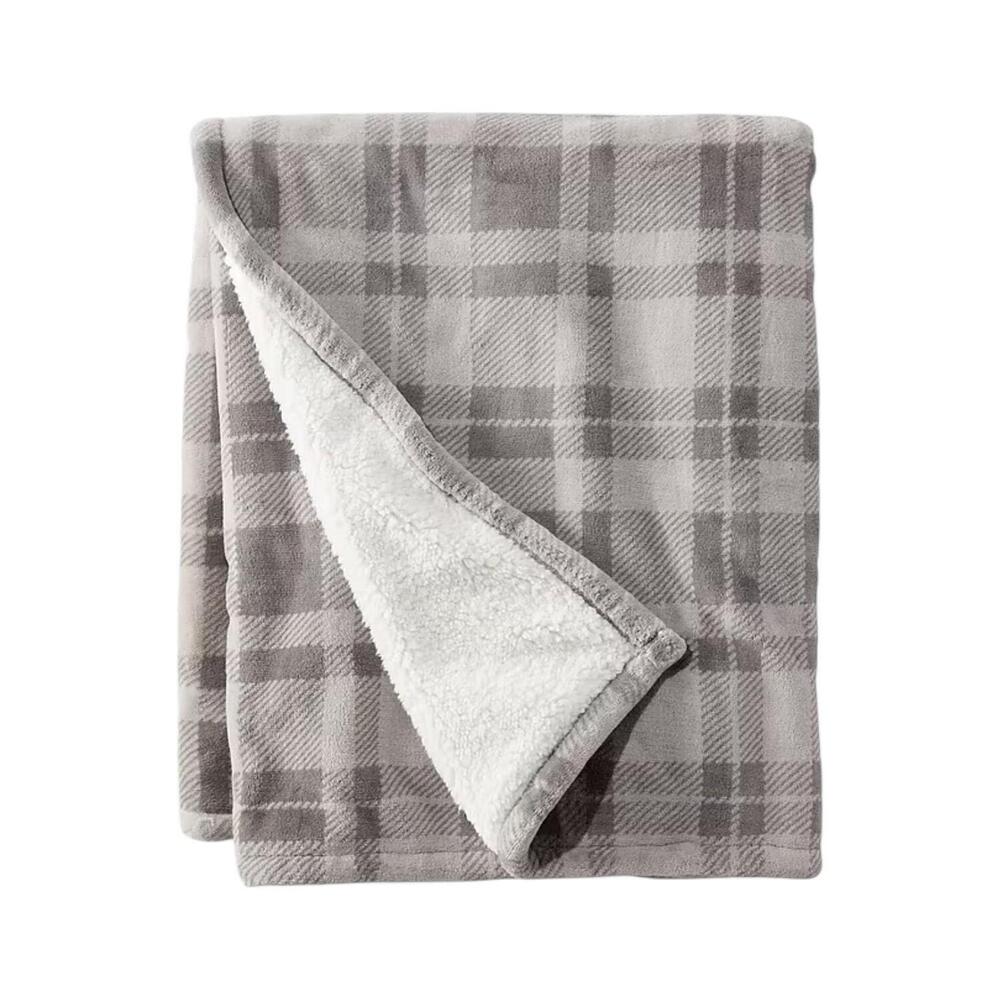 Home Reflections 60x 80" Plush Throw with Sherpa Bag Gray Plaid